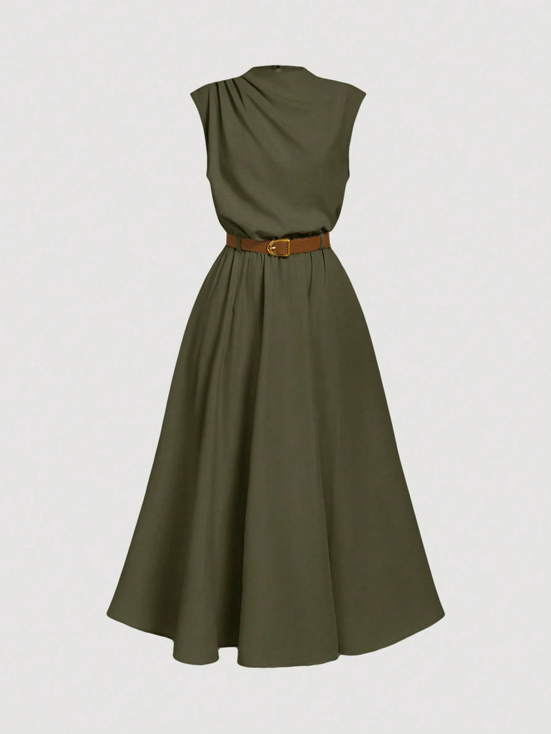 SHEIN MOD Vestido Feminino de Cor Sólida Sem Mangas (Com Cinto), Temporada de Volta às Aulas