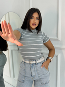 Blusa Básica Listrada Ribana Canelado Premium Casual Basico Camiseta T-Shirt