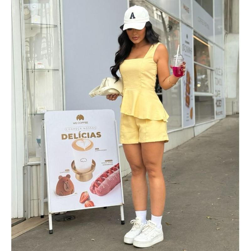 conjunto Feminino Tamires peplum com decote quadrado + short moda verão