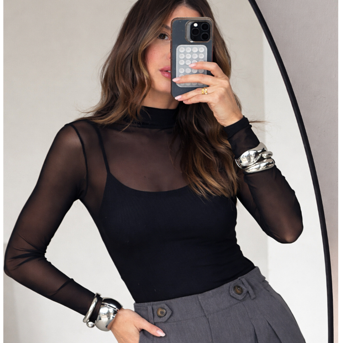 Blusa Tule Fenenina Gola Alta Manga Longa Transparente Tamanhos M,G, Fit Justo