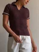 Camiseta Tricô Polo Listras Tricot Canelado Verão Moda Feminina