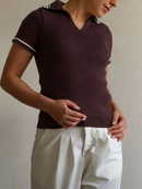 Camiseta Tricô Polo Listras Tricot Canelado Verão Moda Feminina