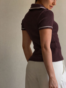 Camiseta Tricô Polo Listras Tricot Canelado Verão Moda Feminina
