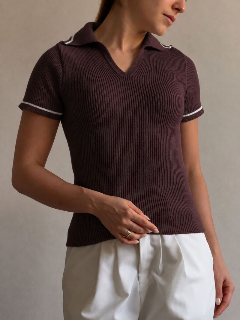 Camiseta Tricô Polo Listras Tricot Canelado Verão Moda Feminina