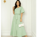 Conjunto Feminino Saia Longo com Bolsos e Blusa Costura Contraste